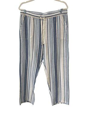 DASH Pants Medium Pull On Drawstring Stripe Linen Blend Beach Coastal Beige Blue